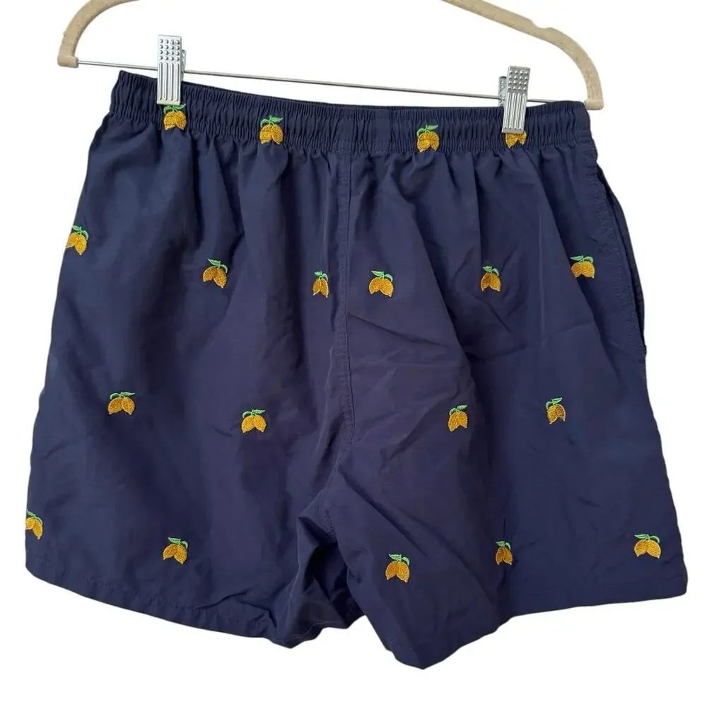 Warren Webber Navy Blue Lemon Embroidered Swim Trunks Men’s Size XL